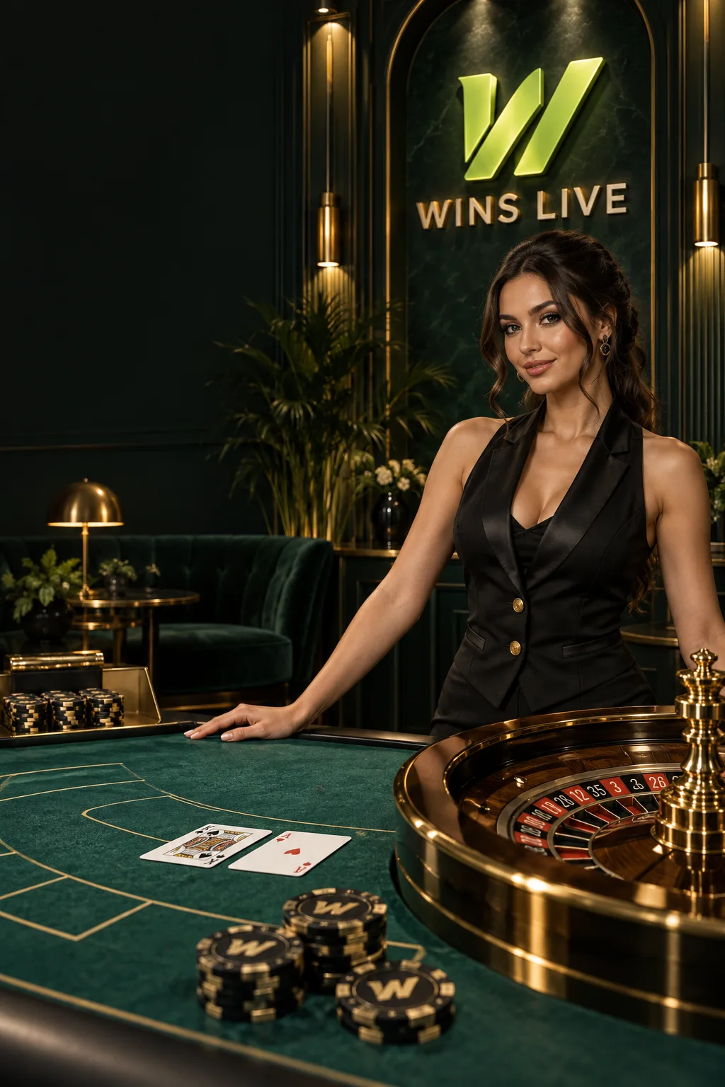 Wins Live logolu canlı casino stüdyosu ve rulet masası