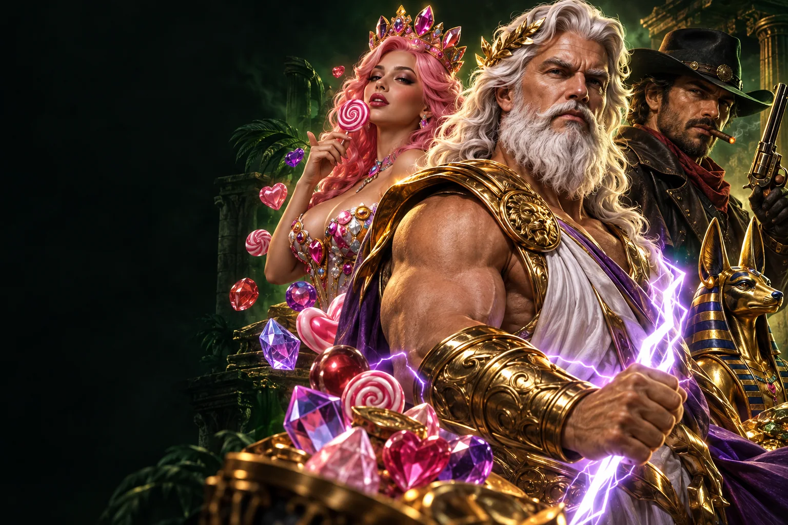 Zeus, şeker kraliçesi, kovboy ve Anubis temalı oyun karakterleri